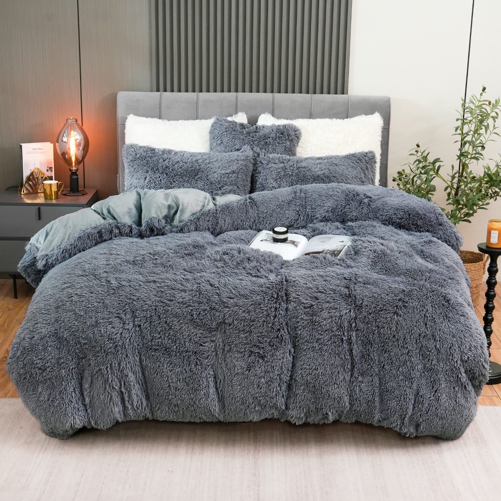 Fluffy Plush Duvet Cover Set , Luxury Ultra Soft Velvet Fuzzy Comforter Cover Bed Sets 4Pcs(1 Faux Fur Duvet Cover + 2 Pillow Ca
